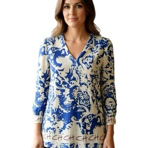 Carolina Herrera Elegant Blue and Cream Tunic BLACK FRIDAY SALE